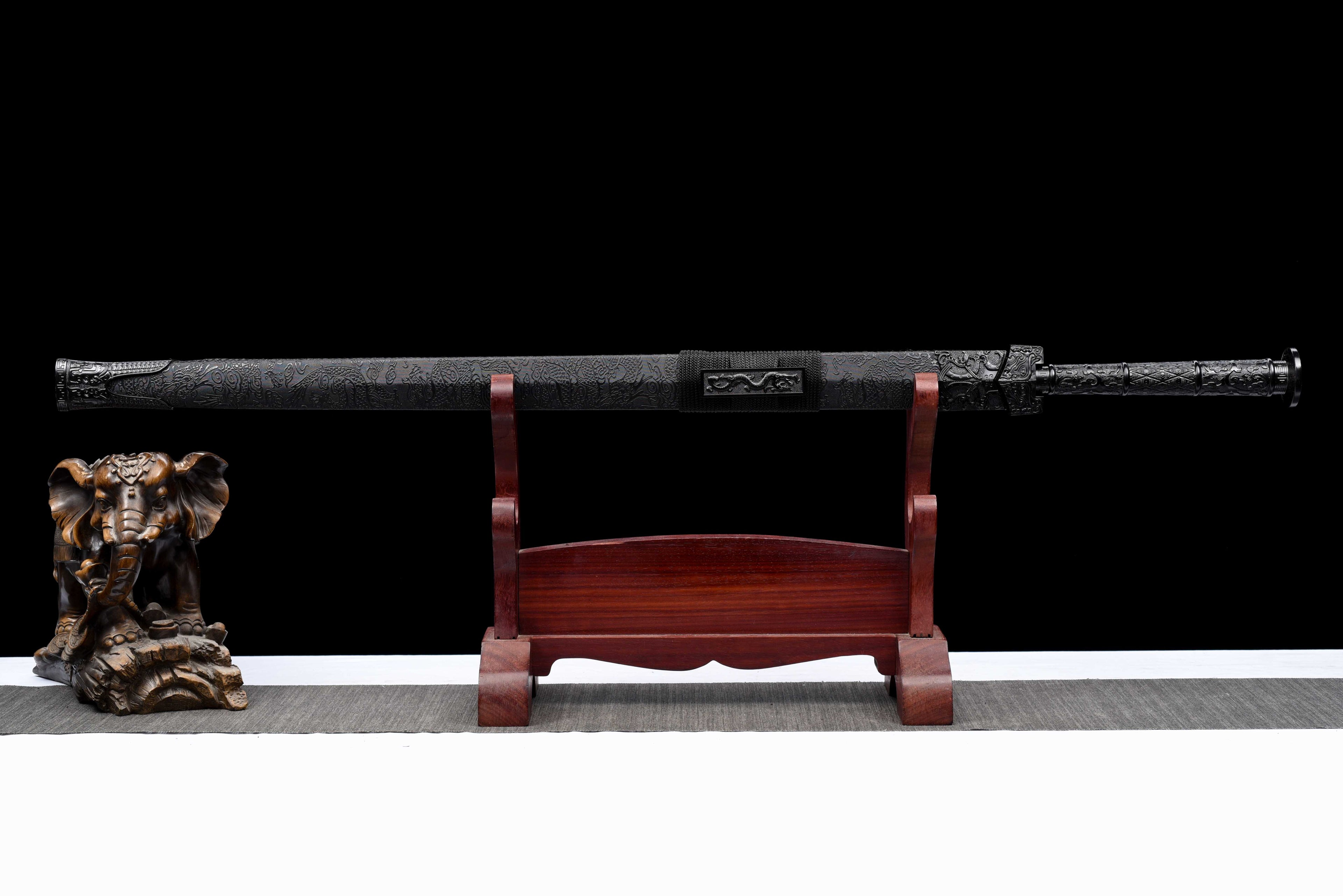 Double Dragon Han Sword - Sharpened Octagonal High Manganese Steel Blade, Full-Tang Construction, Alloy Fittings & Leather-Wrapped Wood Scabbard