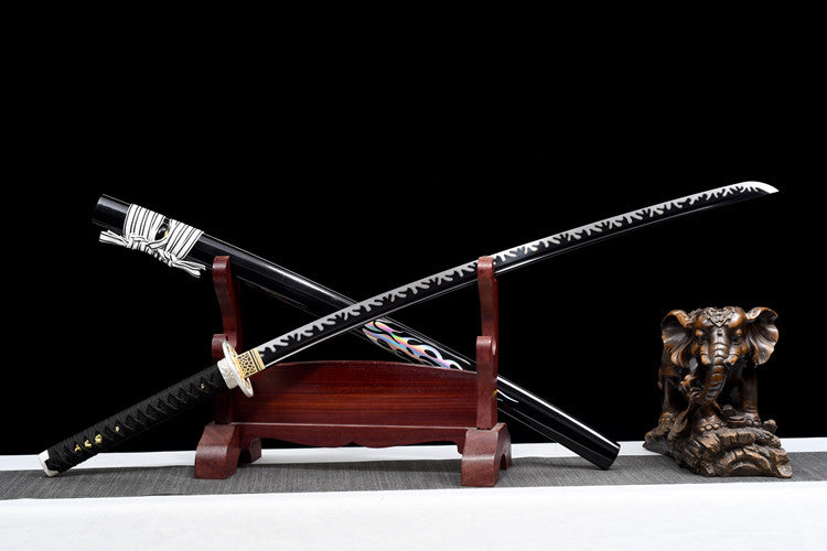 "Blazing Dragon" Katana - Razor-Sharp High Carbon Steel Blade, Full-Tang "Tiger Tail" Forge, Gold-Plated Collar & Lacquered Wood Scabbard