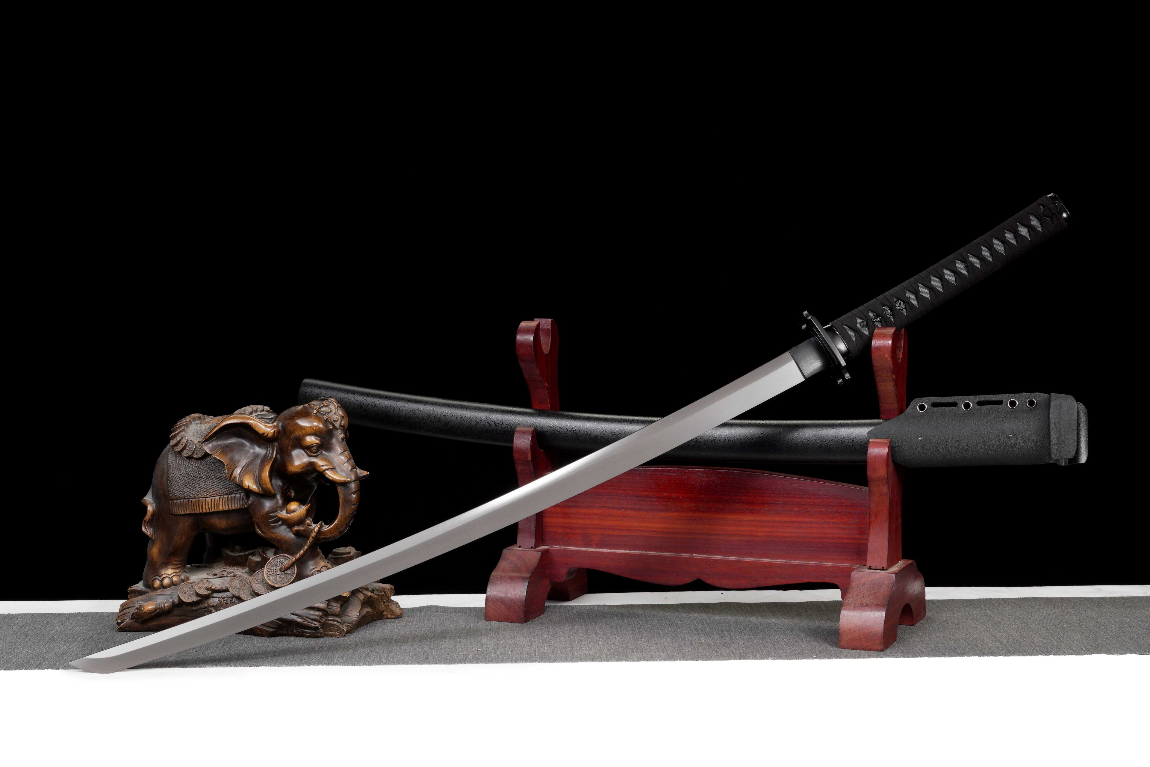 Tactical Katana with Titanium Coated Carbon Steel Blade - Anti-Rust & Scratch Resistant, Suede Wrap Handle, Wood & Kydex Sheath Combo