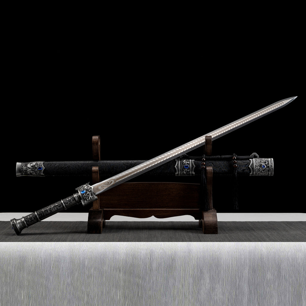 King of Yue Sword Replica - Hexagonal High Manganese Steel Blade, Full-Tang Construction, Alloy Fittings & Leather-Wrapped Scabbard