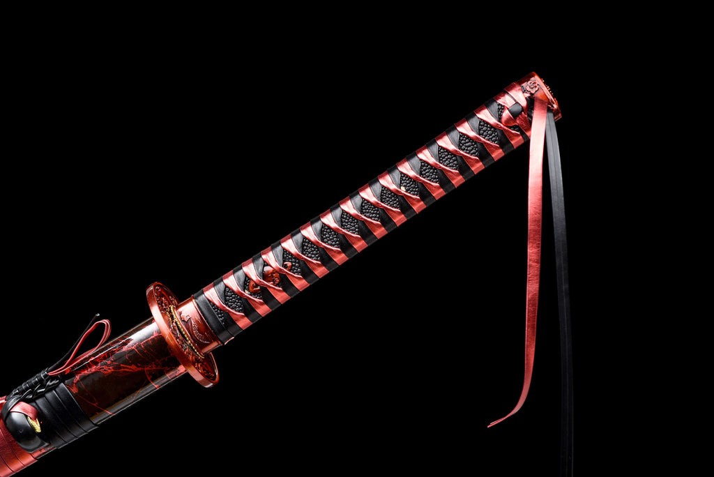 New "Scarlet Samurai" Katana - High Manganese Steel Blade, Gold-Plated Collar, Alloy Tsuba & Leather-Wrapped Scabbard | Full-Tang