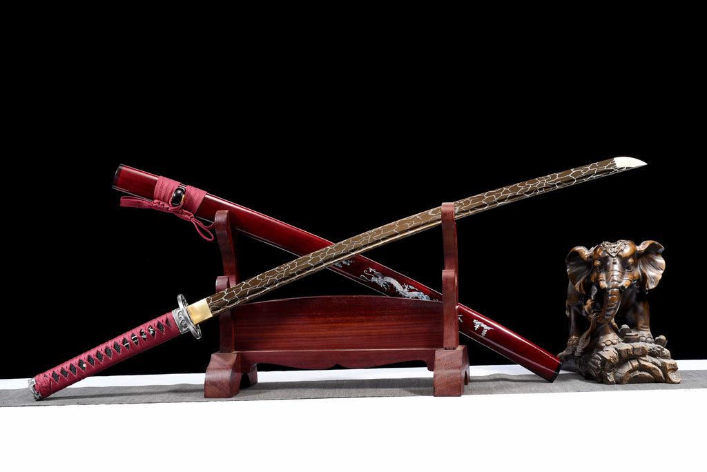 "Yinglong Dragon" Katana - Sharpened High Manganese Steel Blade, Gold-Plated Collar (Habaki), Alloy Tsuba & Lacquered Wood Scabbard | Full-Tang