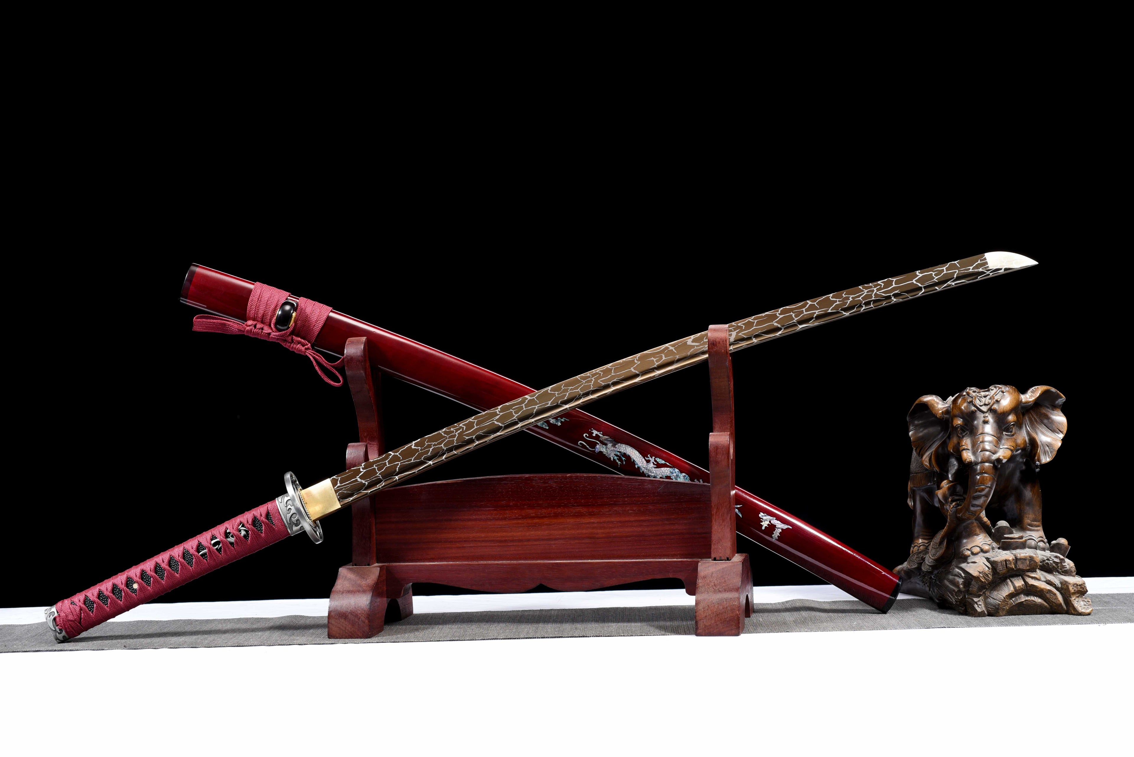 "Yinglong Dragon" Katana - Sharpened High Manganese Steel Blade, Gold-Plated Collar (Habaki), Alloy Tsuba & Lacquered Wood Scabbard | Full-Tang