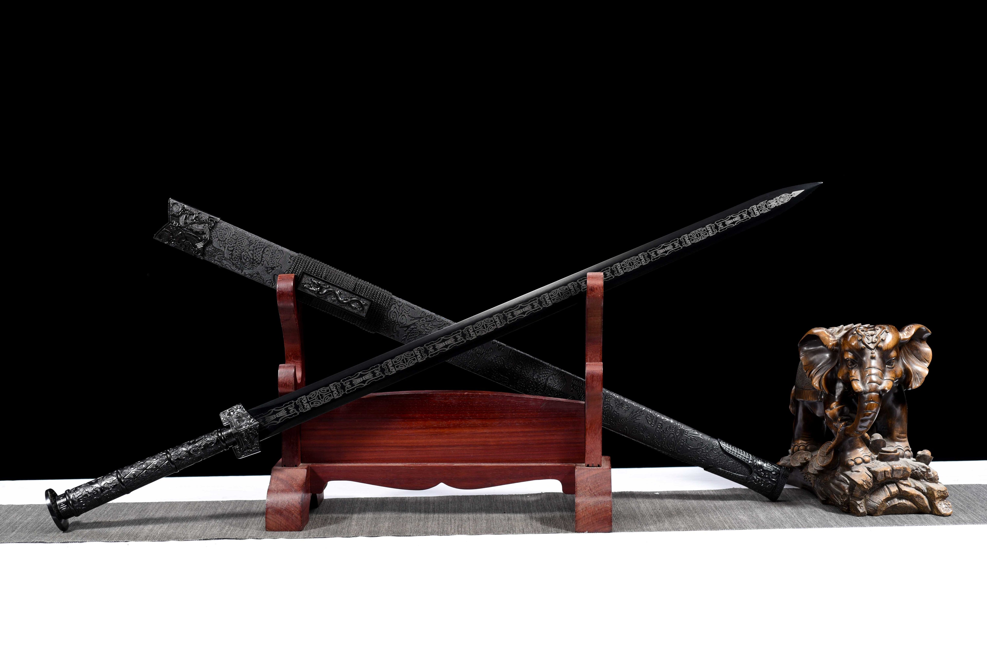 Double Dragon Han Sword - Sharpened Octagonal High Manganese Steel Blade, Full-Tang Construction, Alloy Fittings & Leather-Wrapped Wood Scabbard