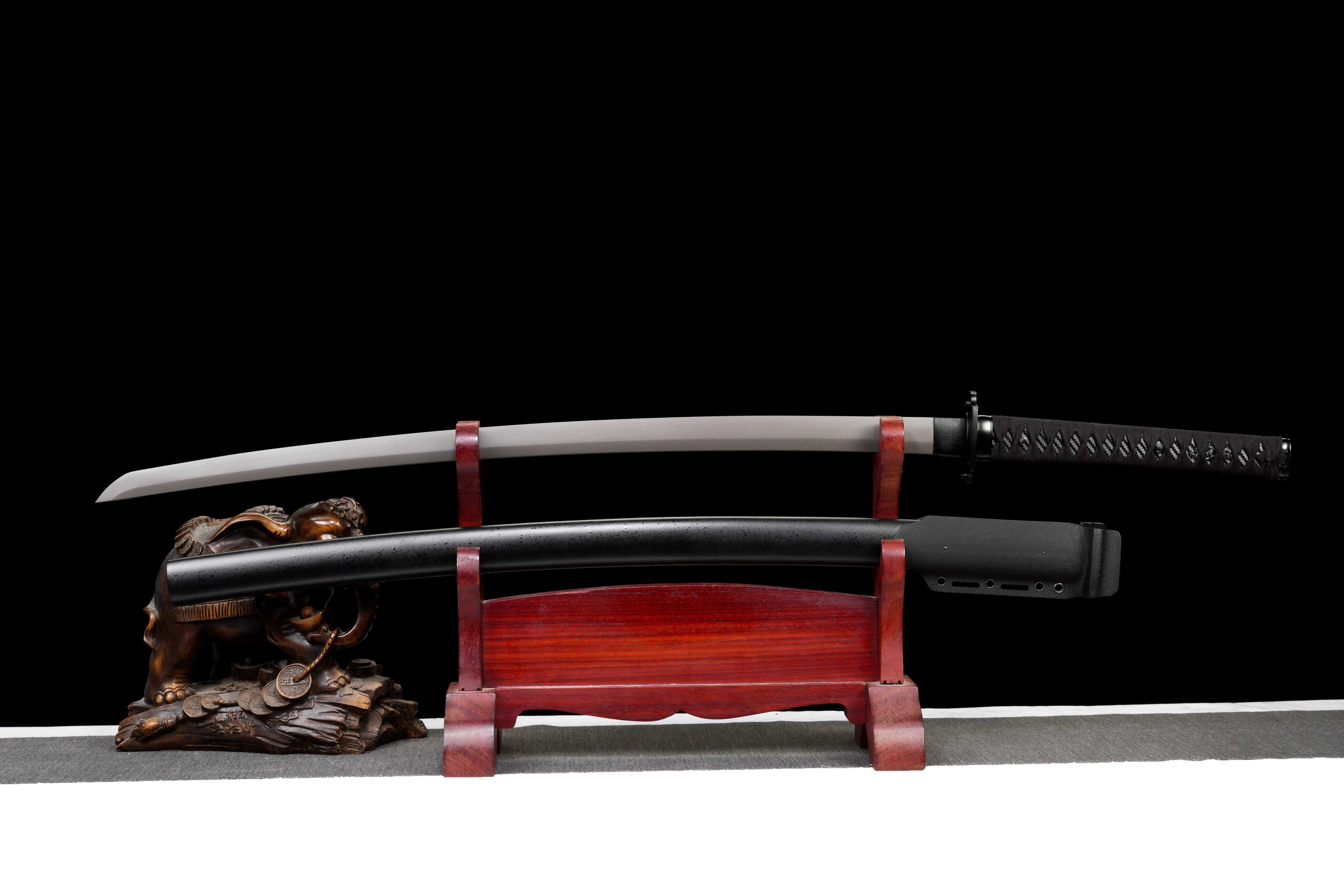 Tactical Katana with Titanium Coated Carbon Steel Blade - Anti-Rust & Scratch Resistant, Suede Wrap Handle, Wood & Kydex Sheath Combo