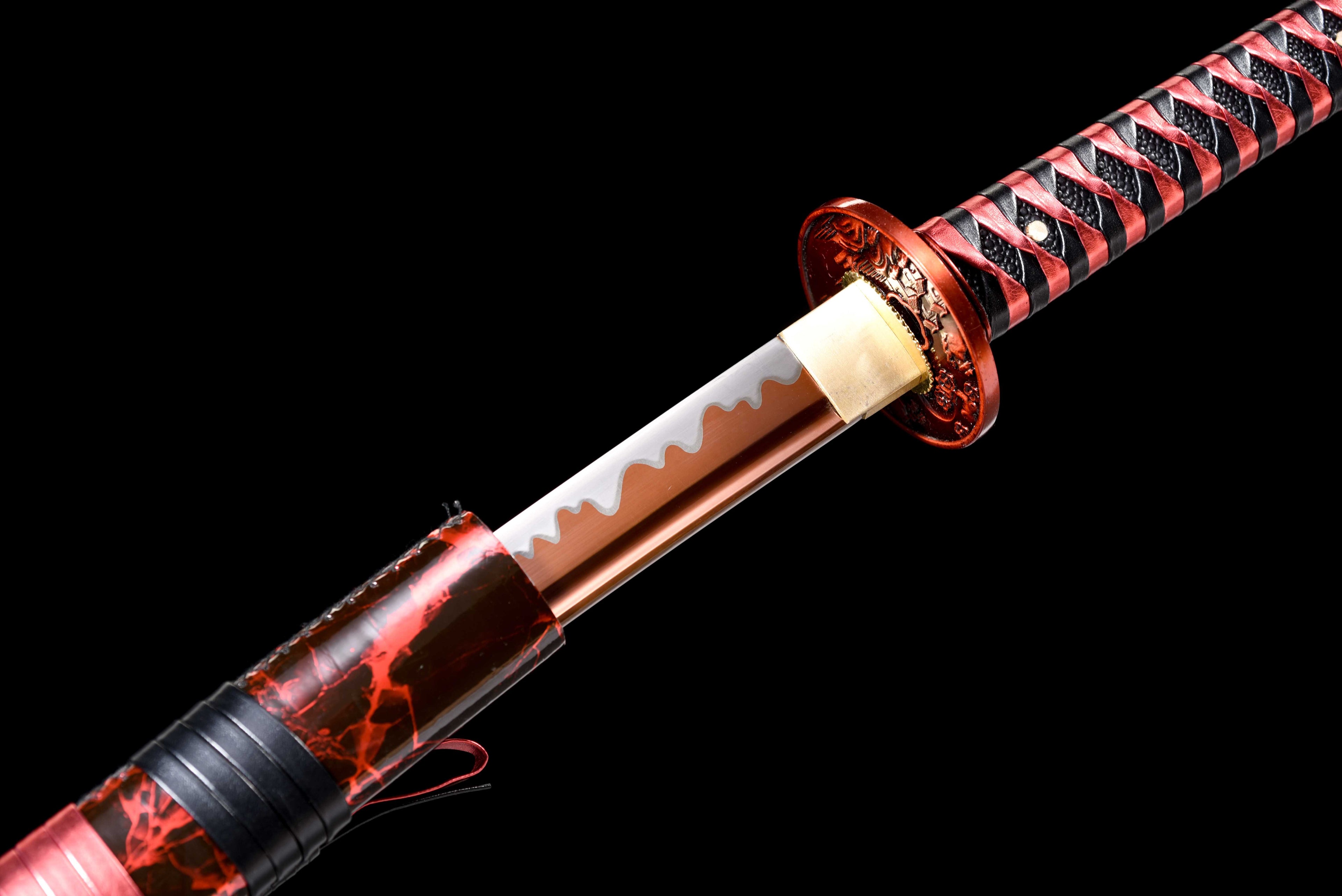 New "Scarlet Samurai" Katana - High Manganese Steel Blade, Gold-Plated Collar, Alloy Tsuba & Leather-Wrapped Scabbard | Full-Tang