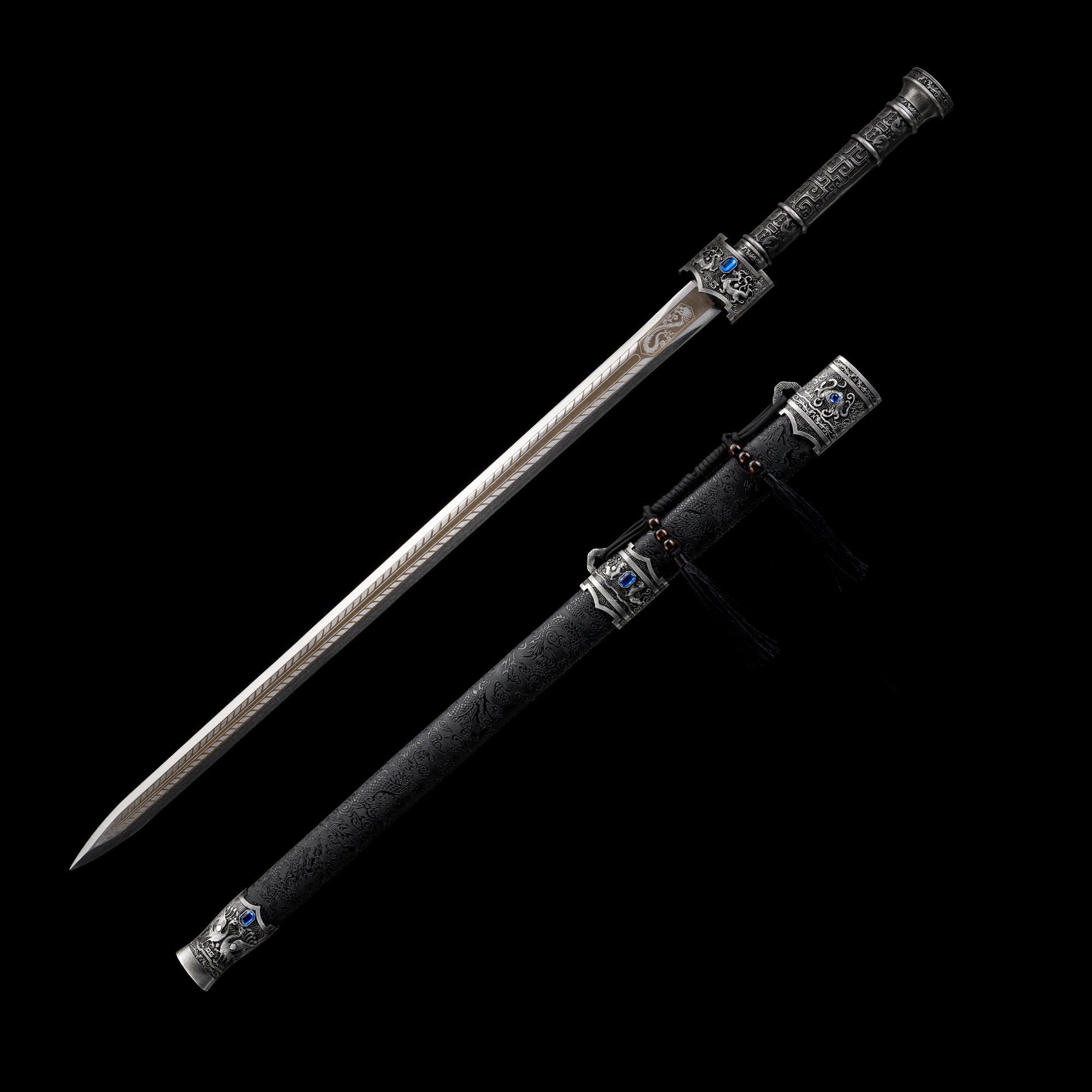 King of Yue Sword Replica - Hexagonal High Manganese Steel Blade, Full-Tang Construction, Alloy Fittings & Leather-Wrapped Scabbard