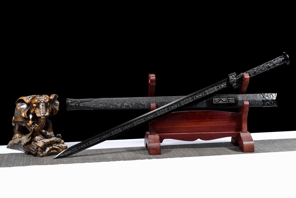 Double Dragon Han Sword - Sharpened Octagonal High Manganese Steel Blade, Full-Tang Construction, Alloy Fittings & Leather-Wrapped Wood Scabbard