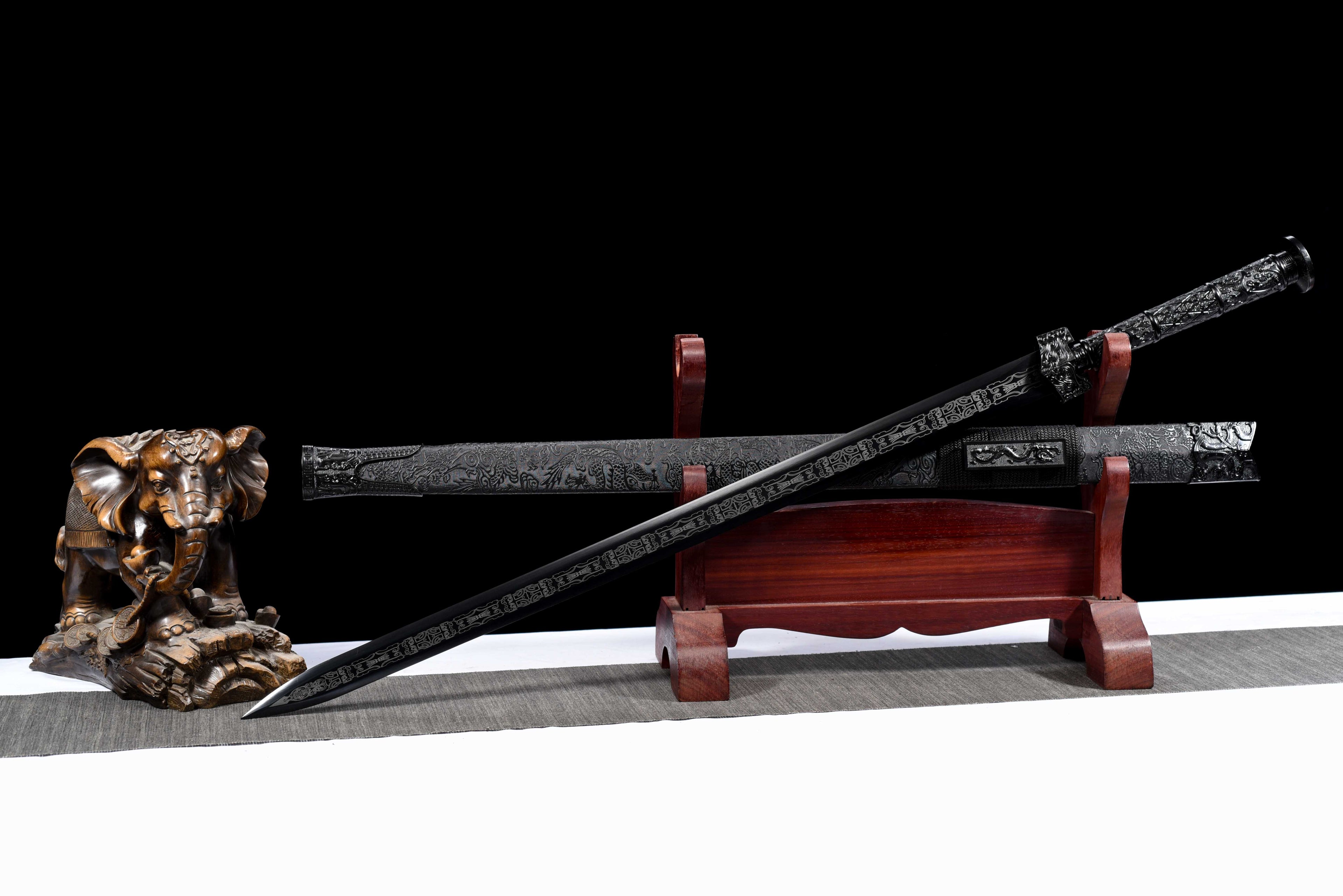 Double Dragon Han Sword - Sharpened Octagonal High Manganese Steel Blade, Full-Tang Construction, Alloy Fittings & Leather-Wrapped Wood Scabbard