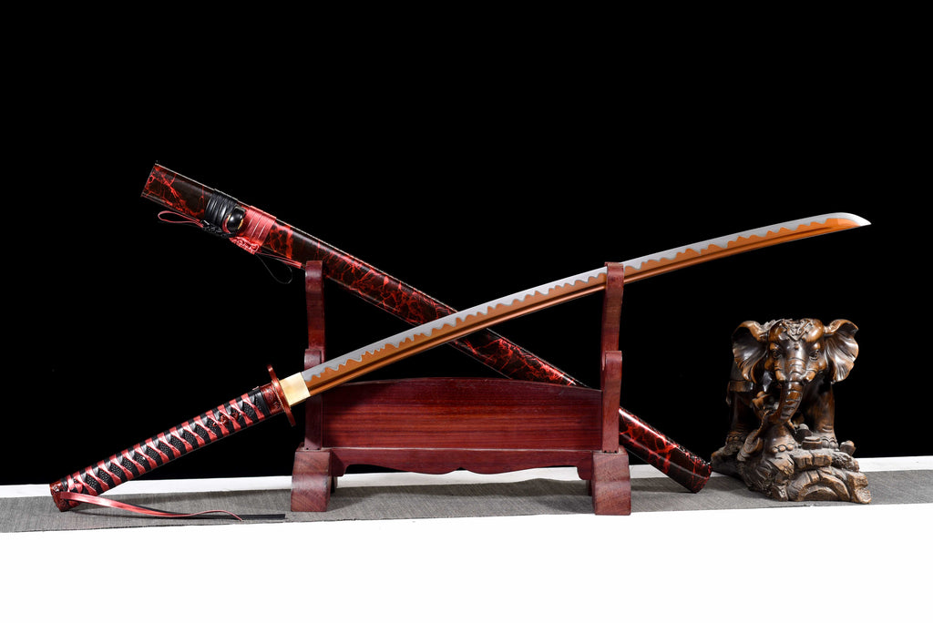 New "Scarlet Samurai" Katana - High Manganese Steel Blade, Gold-Plated Collar, Alloy Tsuba & Leather-Wrapped Scabbard | Full-Tang