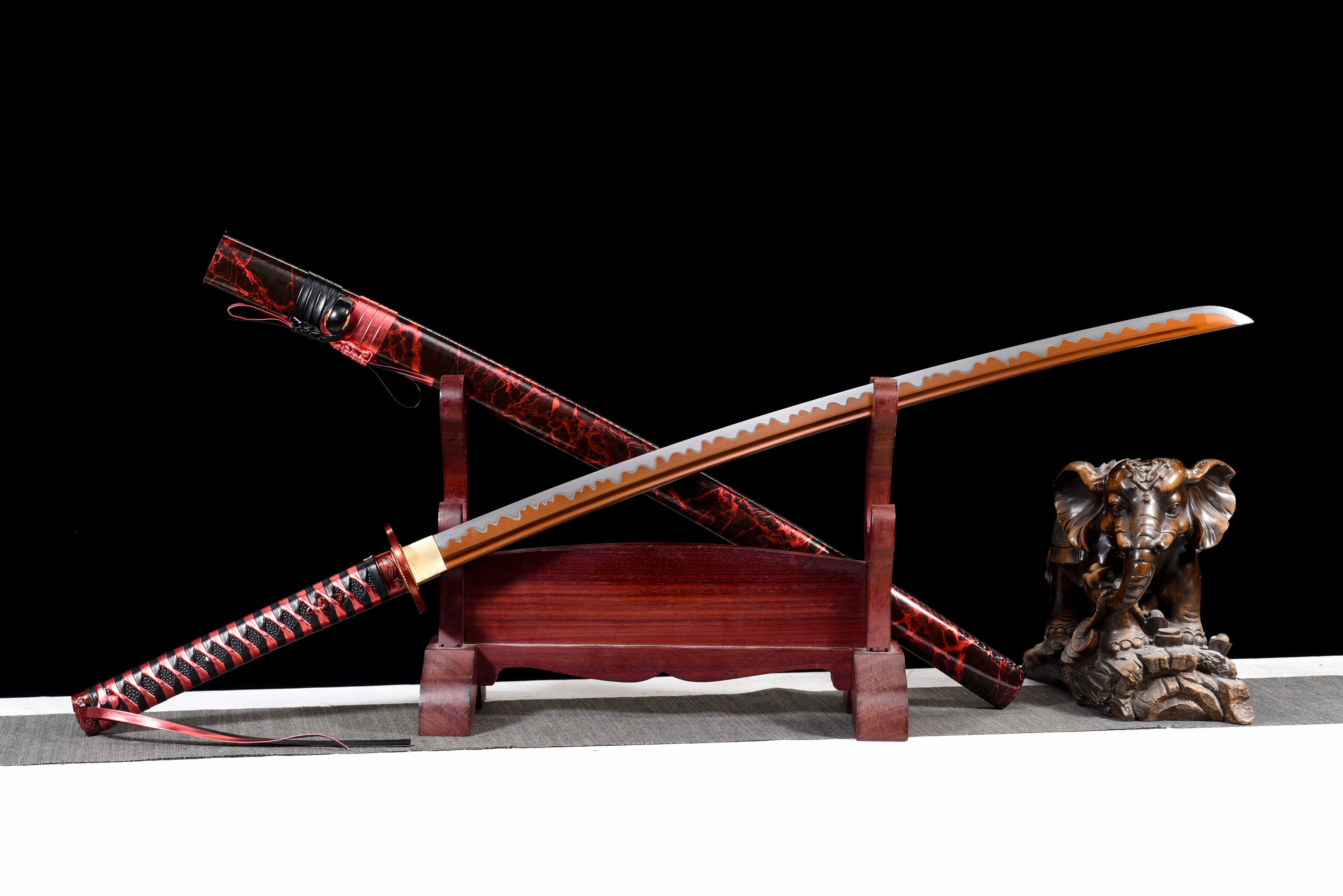 New "Scarlet Samurai" Katana - High Manganese Steel Blade, Gold-Plated Collar, Alloy Tsuba & Leather-Wrapped Scabbard | Full-Tang