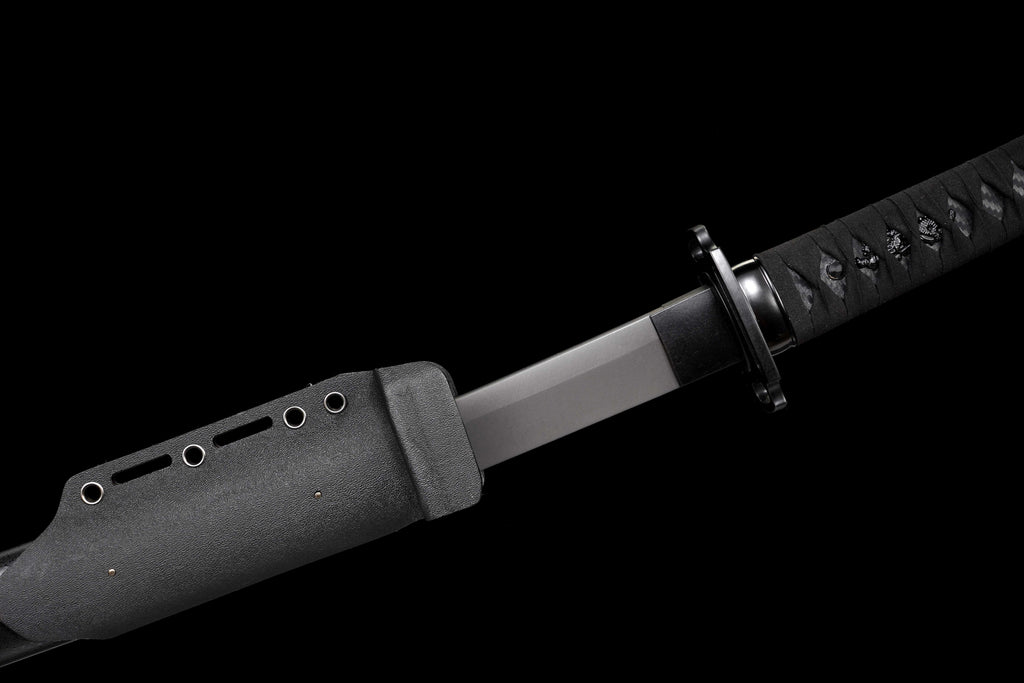 Tactical Katana with Titanium Coated Carbon Steel Blade - Anti-Rust & Scratch Resistant, Suede Wrap Handle, Wood & Kydex Sheath Combo