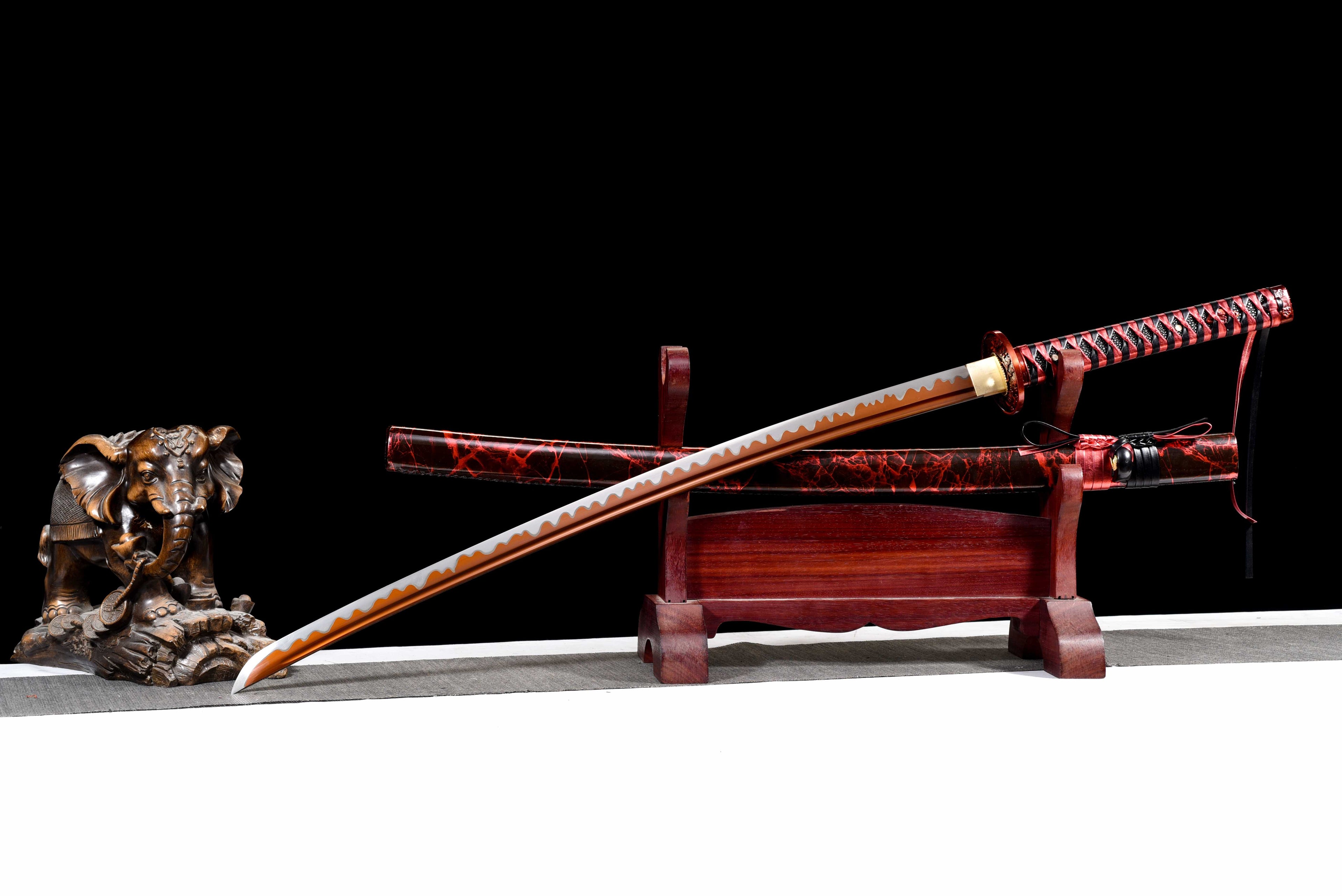 New "Scarlet Samurai" Katana - High Manganese Steel Blade, Gold-Plated Collar, Alloy Tsuba & Leather-Wrapped Scabbard | Full-Tang