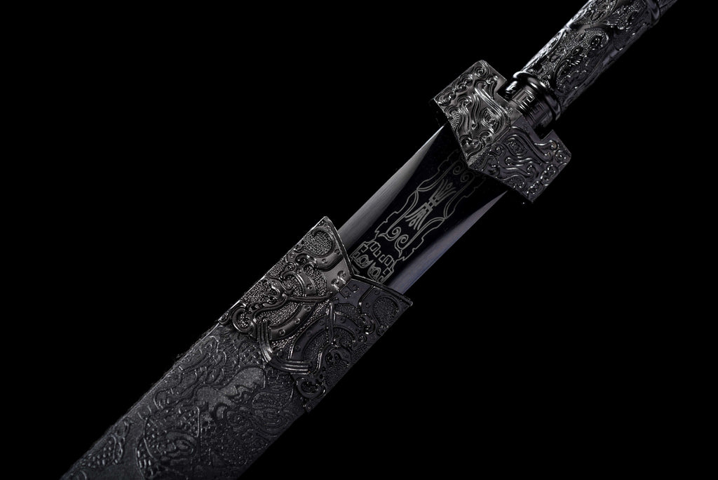 Double Dragon Han Sword - Sharpened Octagonal High Manganese Steel Blade, Full-Tang Construction, Alloy Fittings & Leather-Wrapped Wood Scabbard