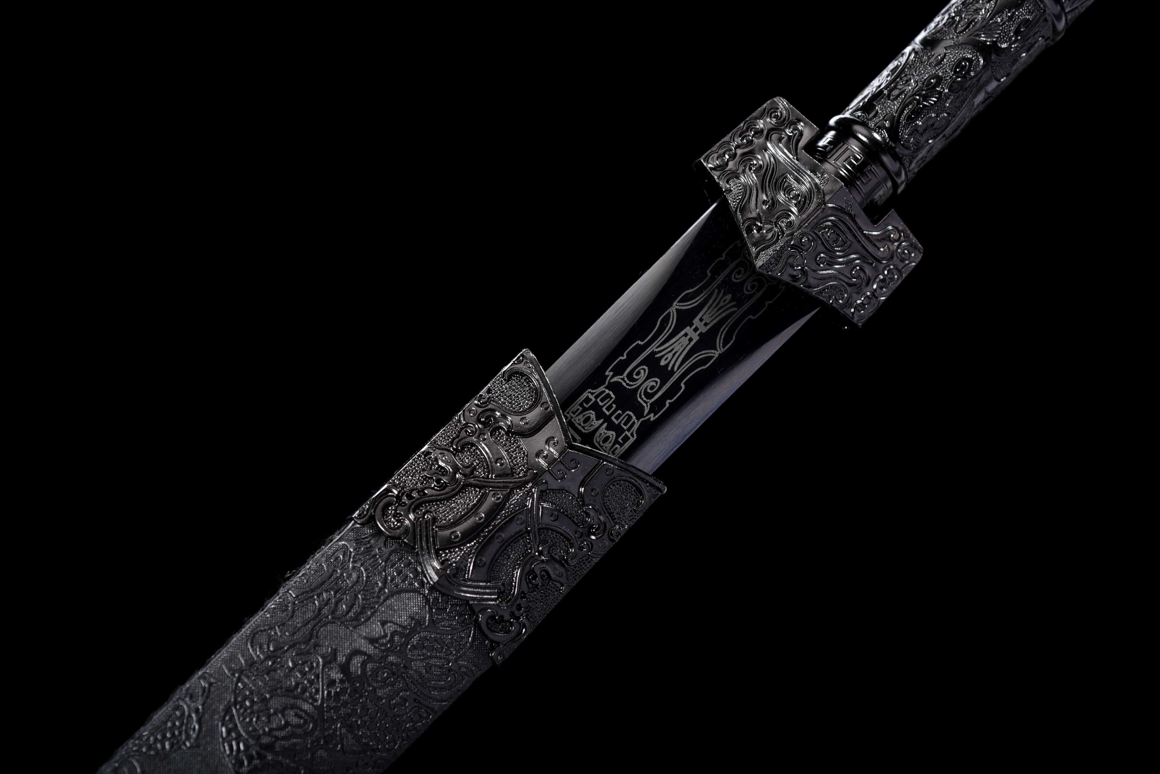 Double Dragon Han Sword - Sharpened Octagonal High Manganese Steel Blade, Full-Tang Construction, Alloy Fittings & Leather-Wrapped Wood Scabbard