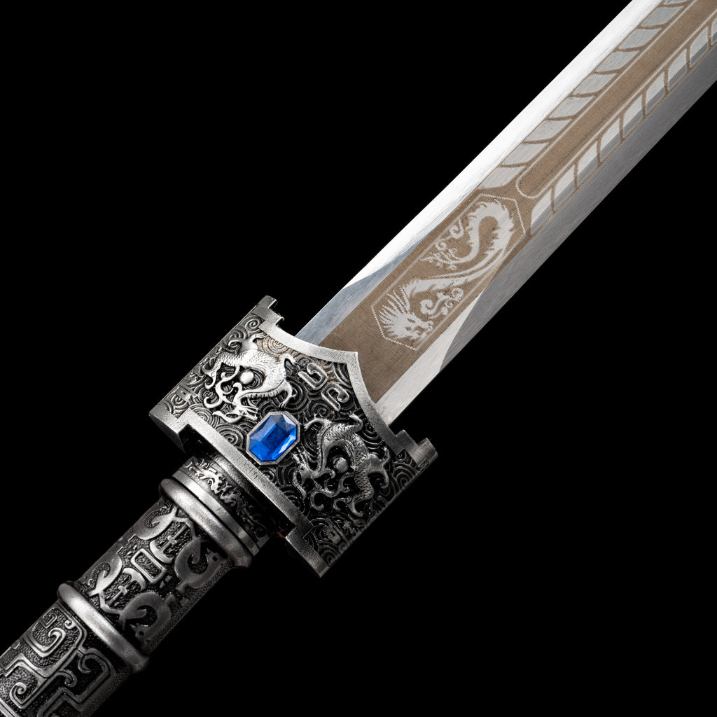 King of Yue Sword Replica - Hexagonal High Manganese Steel Blade, Full-Tang Construction, Alloy Fittings & Leather-Wrapped Scabbard