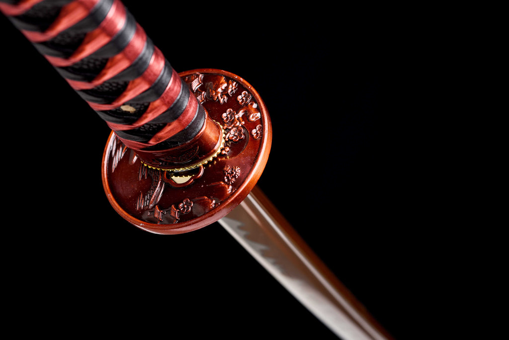 New "Scarlet Samurai" Katana - High Manganese Steel Blade, Gold-Plated Collar, Alloy Tsuba & Leather-Wrapped Scabbard | Full-Tang
