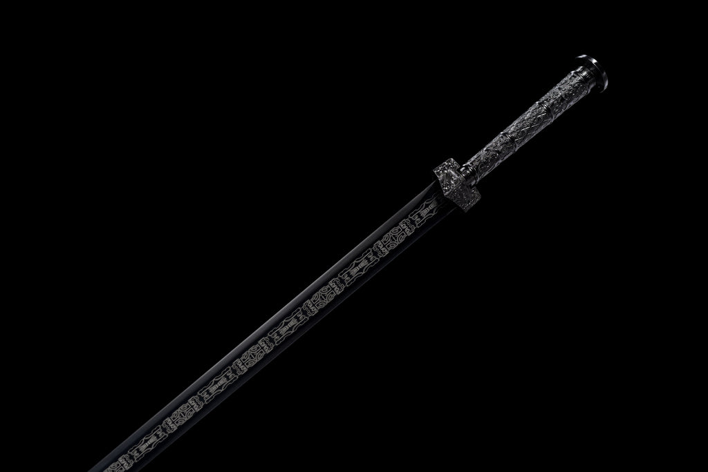 Double Dragon Han Sword - Sharpened Octagonal High Manganese Steel Blade, Full-Tang Construction, Alloy Fittings & Leather-Wrapped Wood Scabbard