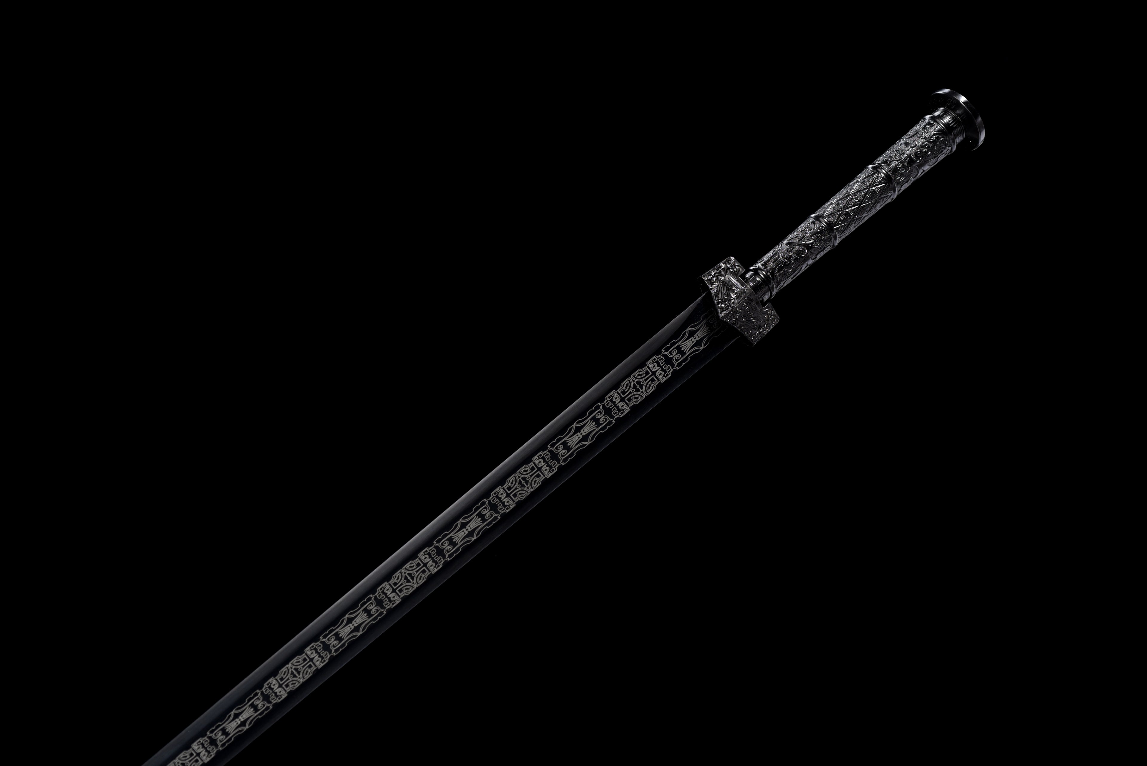 Double Dragon Han Sword - Sharpened Octagonal High Manganese Steel Blade, Full-Tang Construction, Alloy Fittings & Leather-Wrapped Wood Scabbard