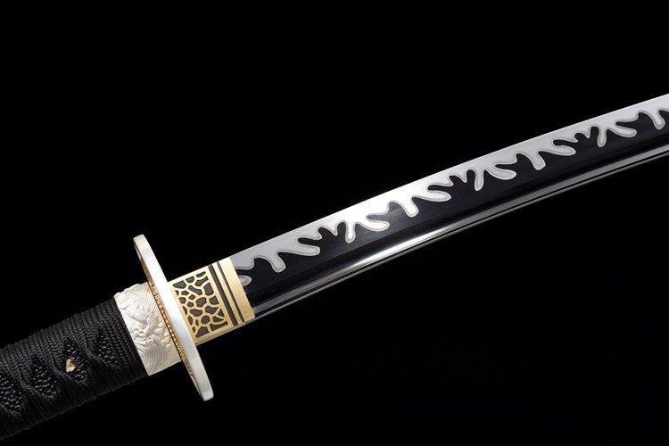 "Blazing Dragon" Katana - Razor-Sharp High Carbon Steel Blade, Full-Tang "Tiger Tail" Forge, Gold-Plated Collar & Lacquered Wood Scabbard
