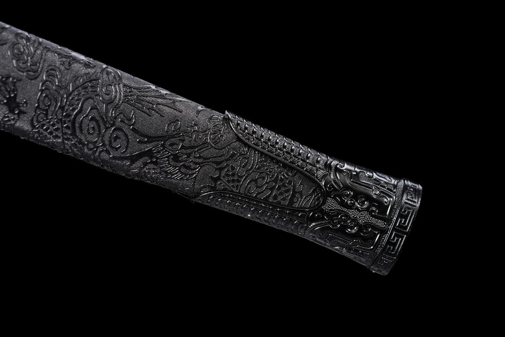 Double Dragon Han Sword - Sharpened Octagonal High Manganese Steel Blade, Full-Tang Construction, Alloy Fittings & Leather-Wrapped Wood Scabbard