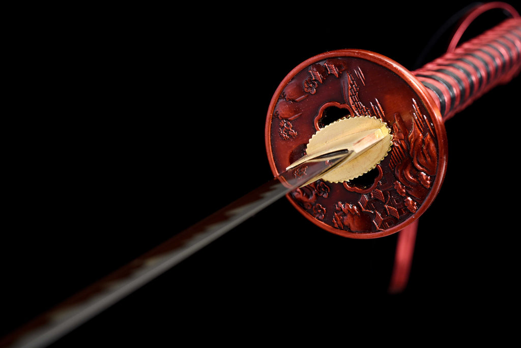 New "Scarlet Samurai" Katana - High Manganese Steel Blade, Gold-Plated Collar, Alloy Tsuba & Leather-Wrapped Scabbard | Full-Tang