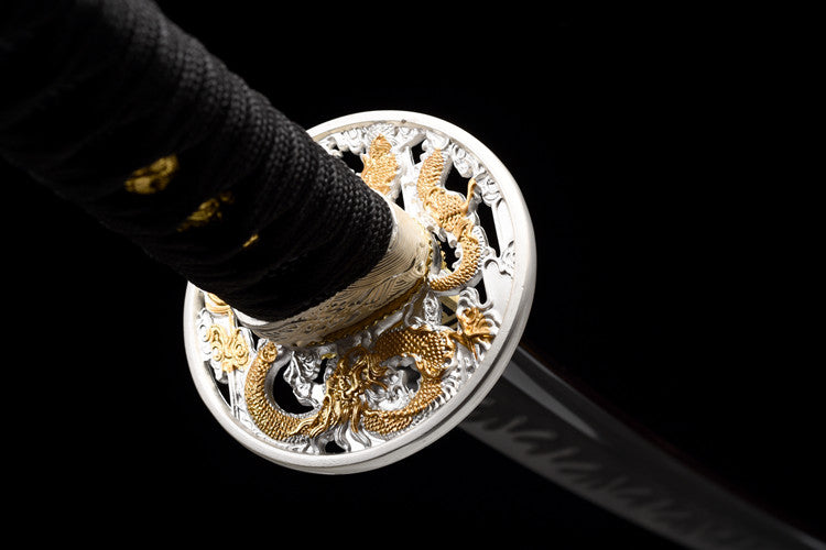 "Blazing Dragon" Katana - Razor-Sharp High Carbon Steel Blade, Full-Tang "Tiger Tail" Forge, Gold-Plated Collar & Lacquered Wood Scabbard