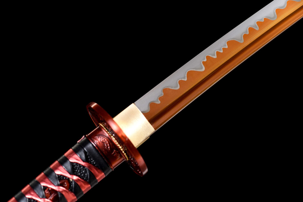 New "Scarlet Samurai" Katana - High Manganese Steel Blade, Gold-Plated Collar, Alloy Tsuba & Leather-Wrapped Scabbard | Full-Tang