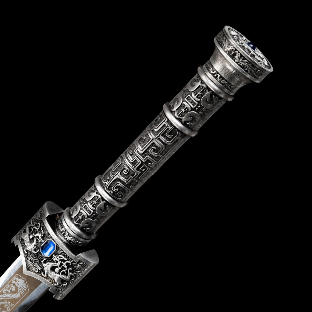 King of Yue Sword Replica - Hexagonal High Manganese Steel Blade, Full-Tang Construction, Alloy Fittings & Leather-Wrapped Scabbard