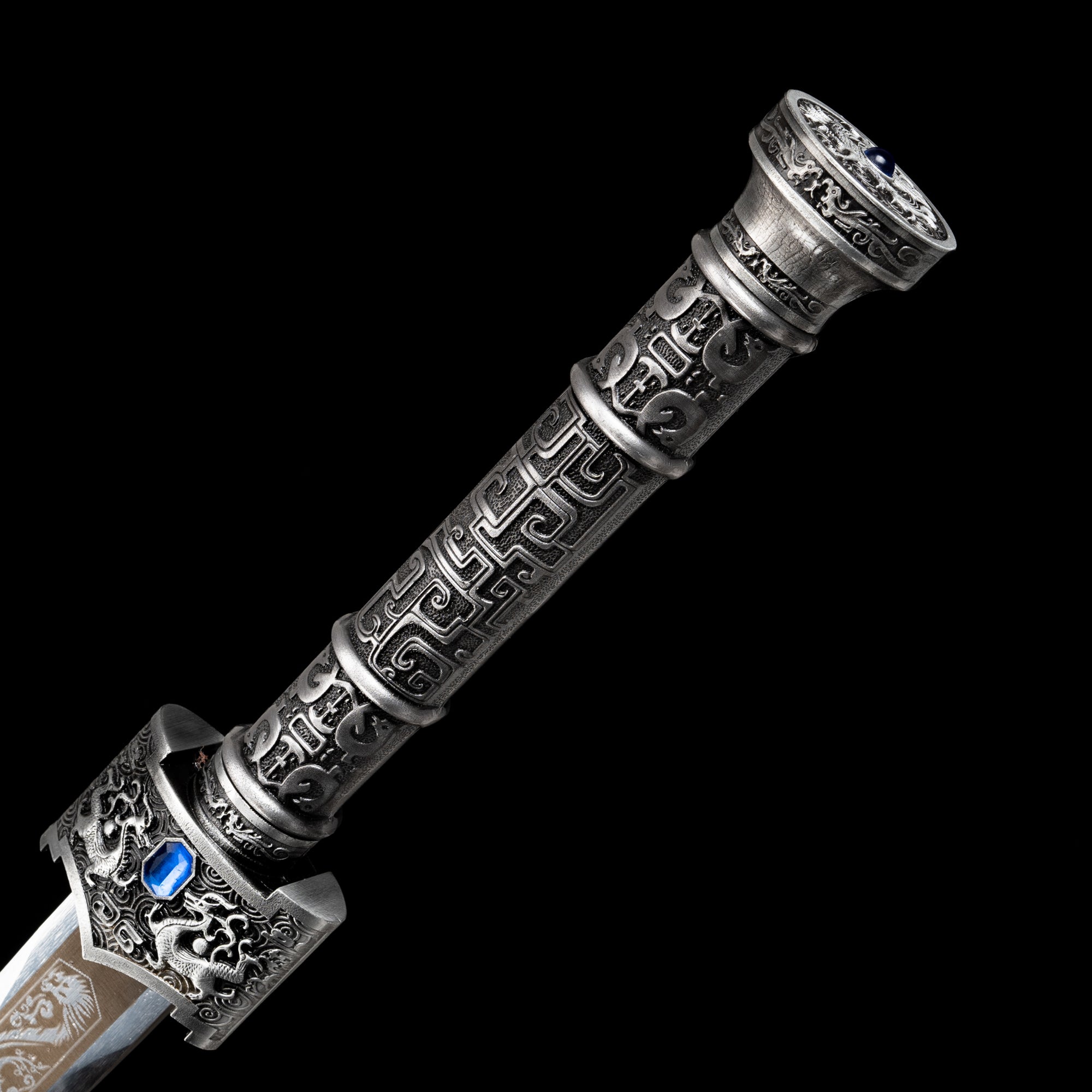 King of Yue Sword Replica - Hexagonal High Manganese Steel Blade, Full-Tang Construction, Alloy Fittings & Leather-Wrapped Scabbard