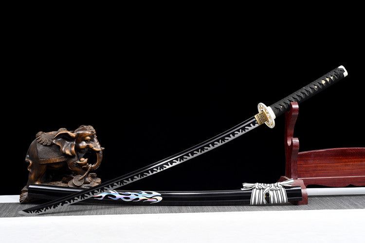 "Blazing Dragon" Katana - Razor-Sharp High Carbon Steel Blade, Full-Tang "Tiger Tail" Forge, Gold-Plated Collar & Lacquered Wood Scabbard