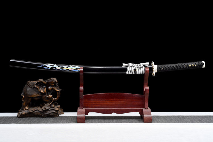 "Blazing Dragon" Katana - Razor-Sharp High Carbon Steel Blade, Full-Tang "Tiger Tail" Forge, Gold-Plated Collar & Lacquered Wood Scabbard