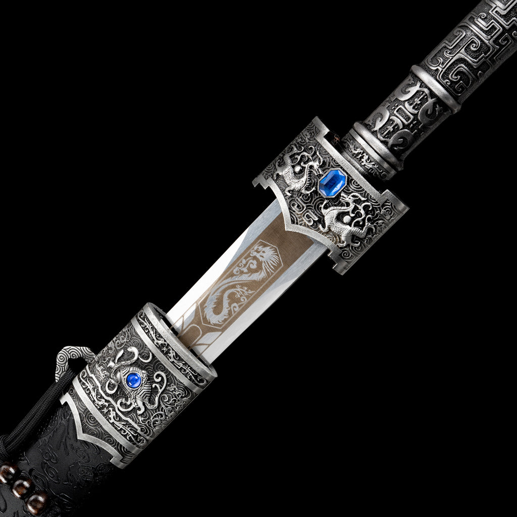 King of Yue Sword Replica - Hexagonal High Manganese Steel Blade, Full-Tang Construction, Alloy Fittings & Leather-Wrapped Scabbard