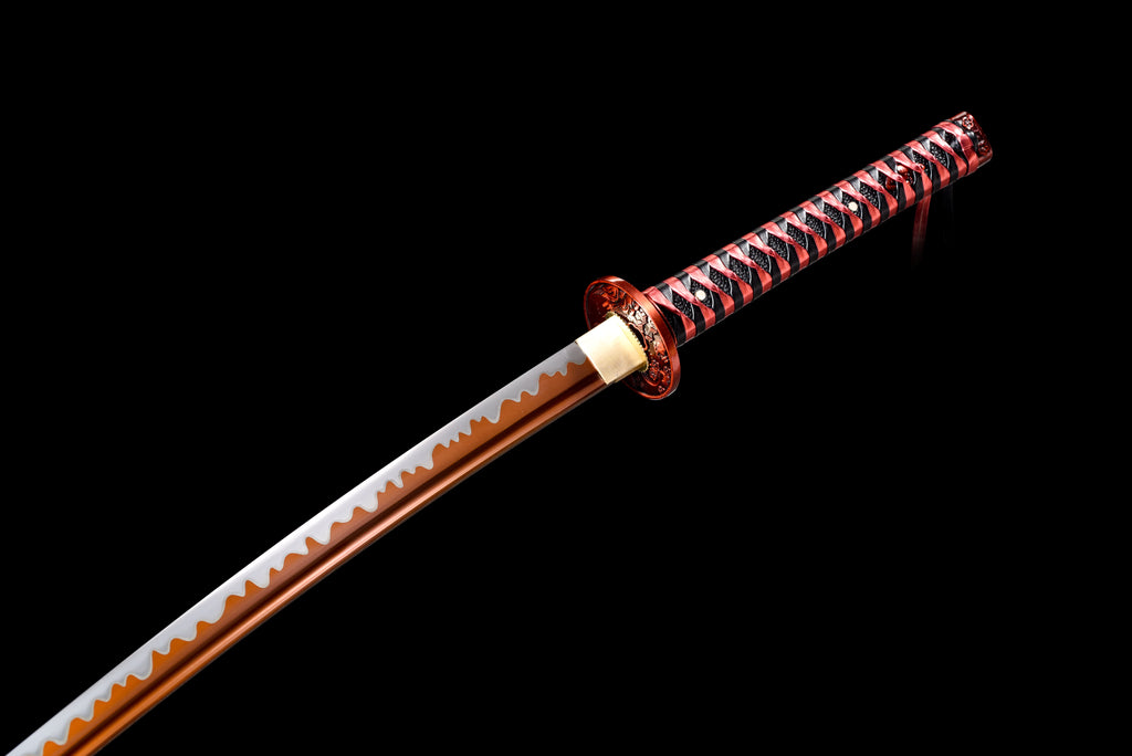 New "Scarlet Samurai" Katana - High Manganese Steel Blade, Gold-Plated Collar, Alloy Tsuba & Leather-Wrapped Scabbard | Full-Tang