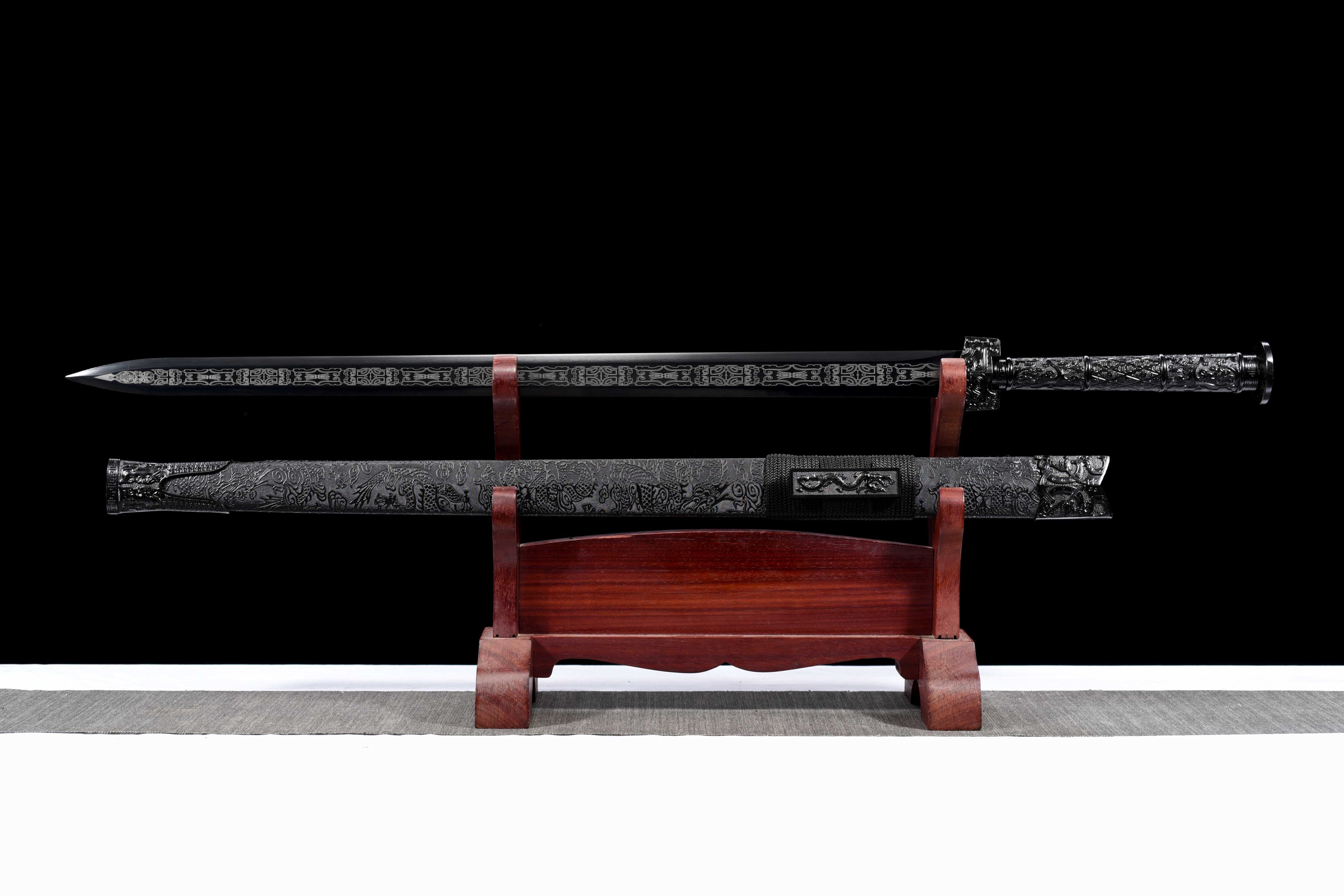 Double Dragon Han Sword - Sharpened Octagonal High Manganese Steel Blade, Full-Tang Construction, Alloy Fittings & Leather-Wrapped Wood Scabbard