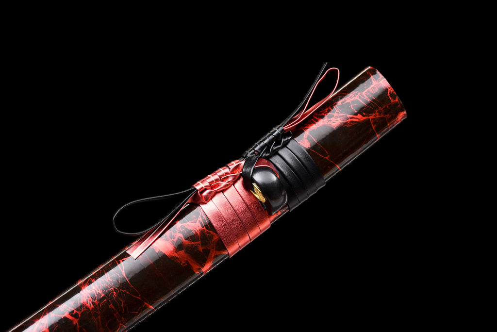 New "Scarlet Samurai" Katana - High Manganese Steel Blade, Gold-Plated Collar, Alloy Tsuba & Leather-Wrapped Scabbard | Full-Tang