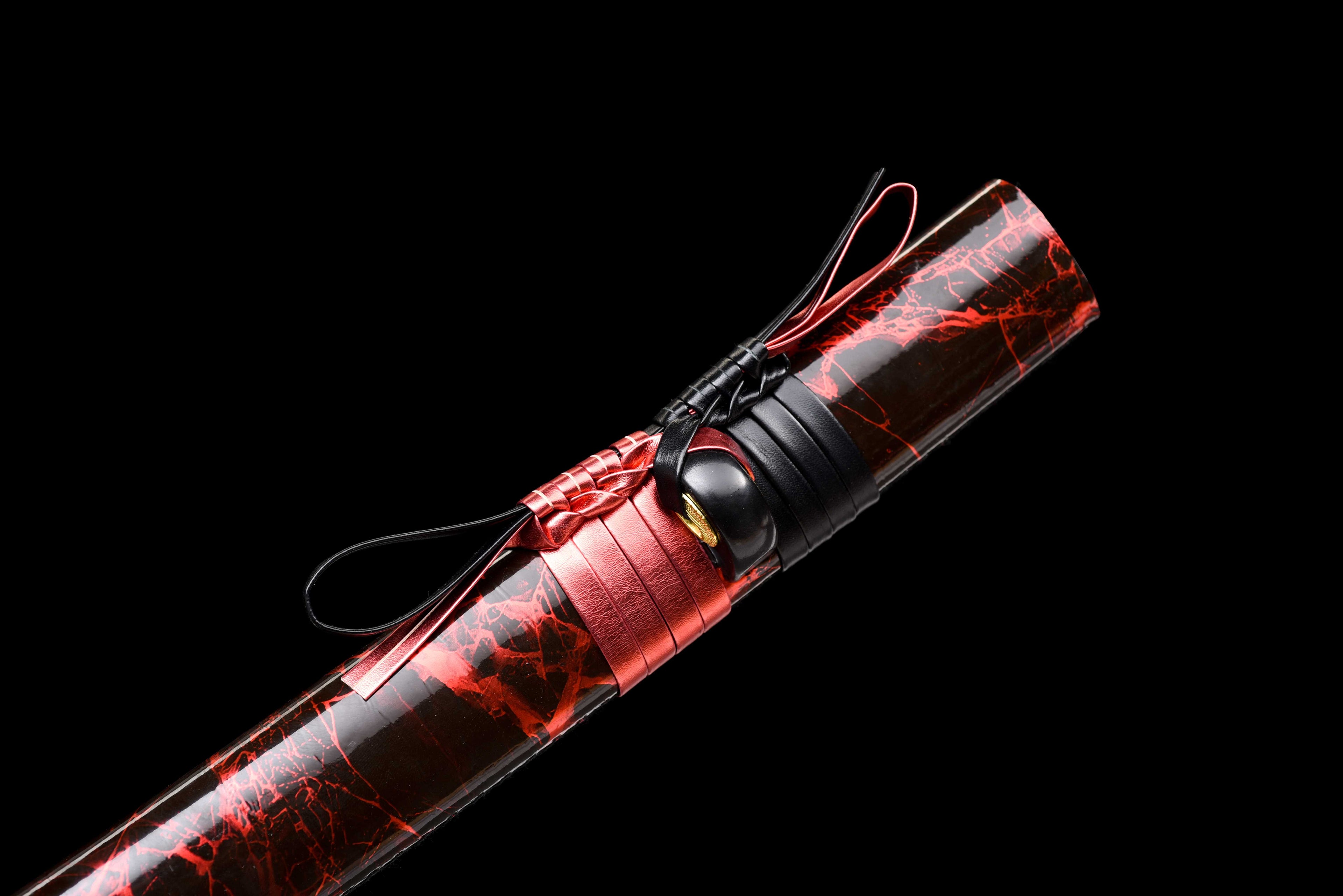 New "Scarlet Samurai" Katana - High Manganese Steel Blade, Gold-Plated Collar, Alloy Tsuba & Leather-Wrapped Scabbard | Full-Tang