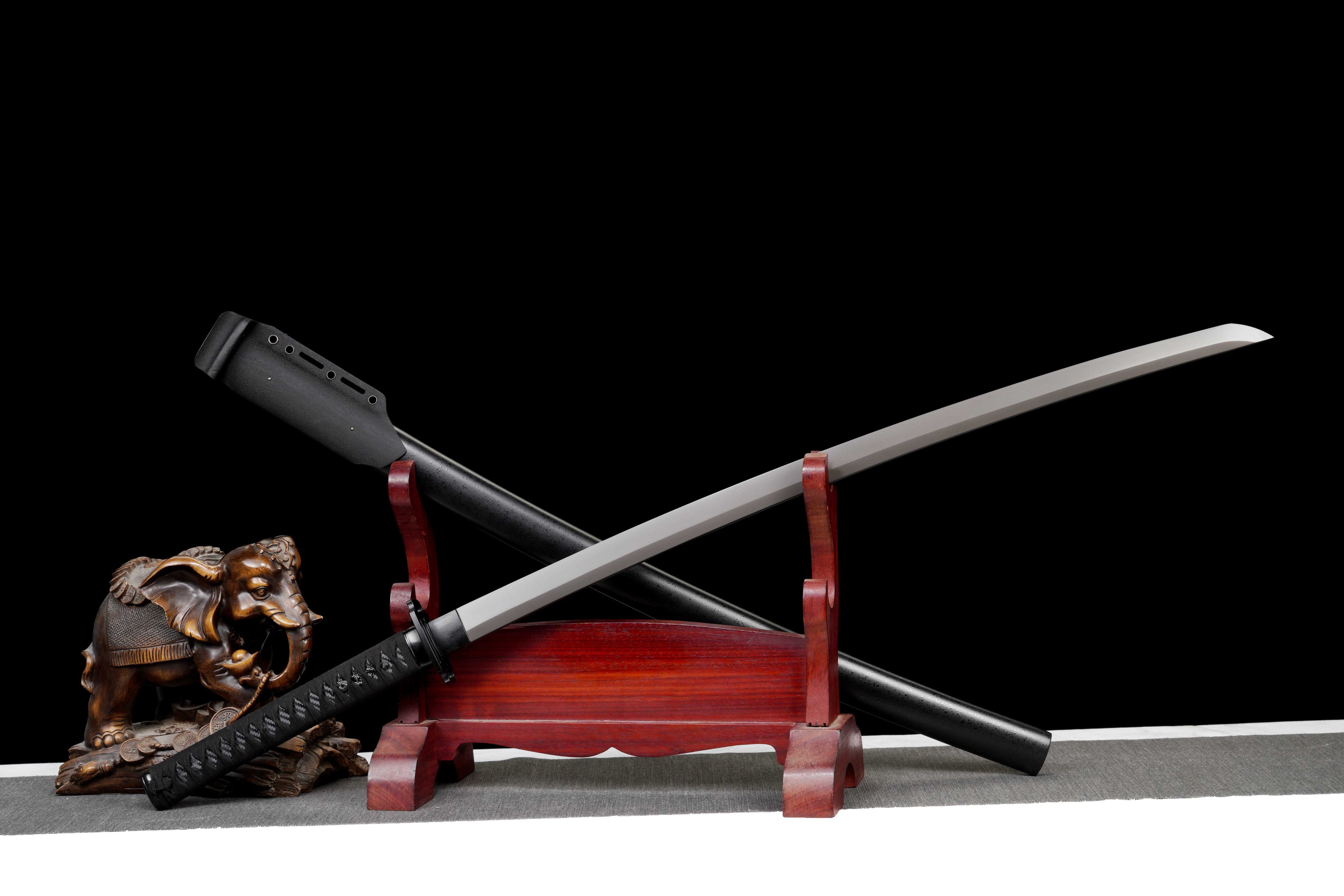 Tactical Katana with Titanium Coated Carbon Steel Blade - Anti-Rust & Scratch Resistant, Suede Wrap Handle, Wood & Kydex Sheath Combo