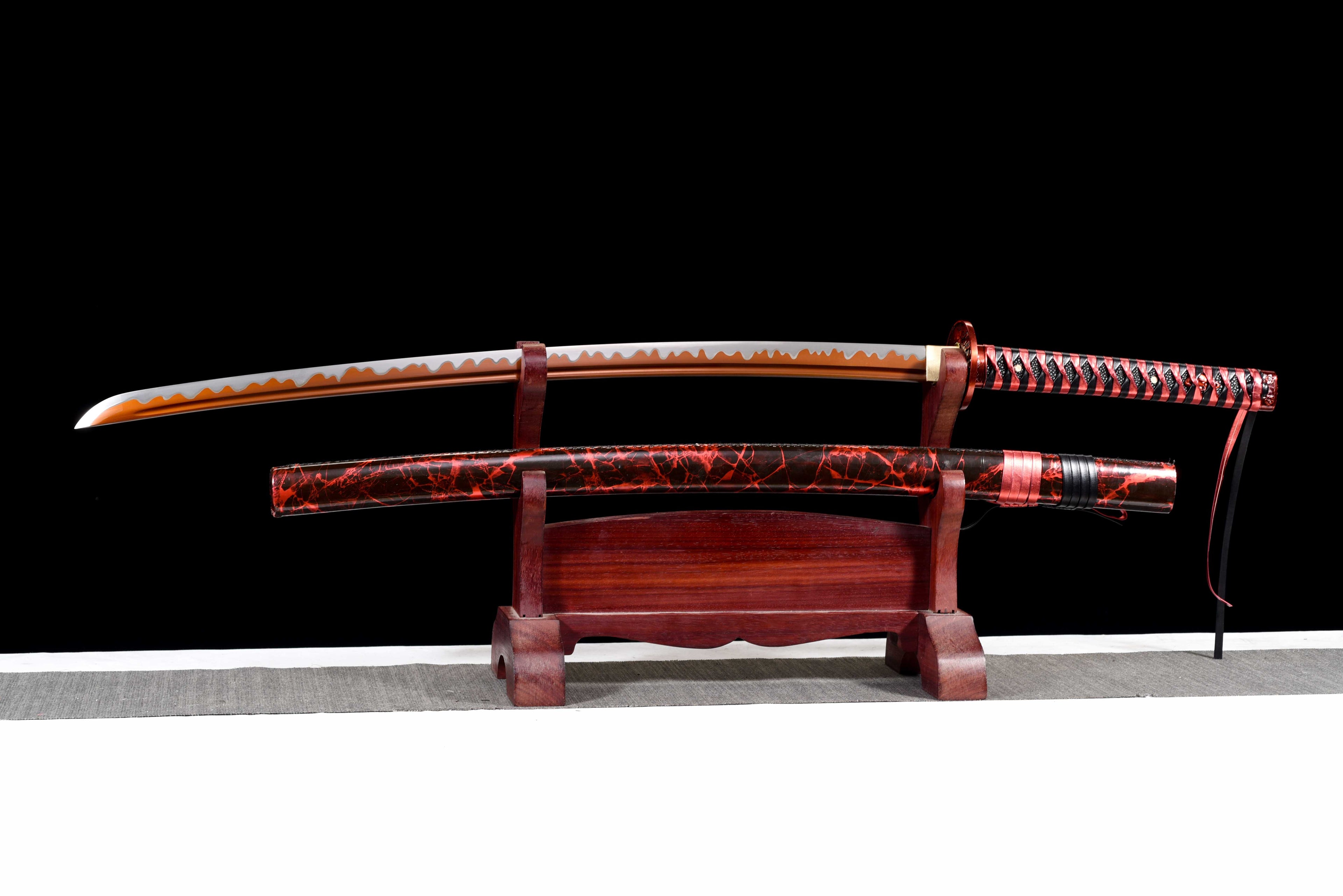 New "Scarlet Samurai" Katana - High Manganese Steel Blade, Gold-Plated Collar, Alloy Tsuba & Leather-Wrapped Scabbard | Full-Tang
