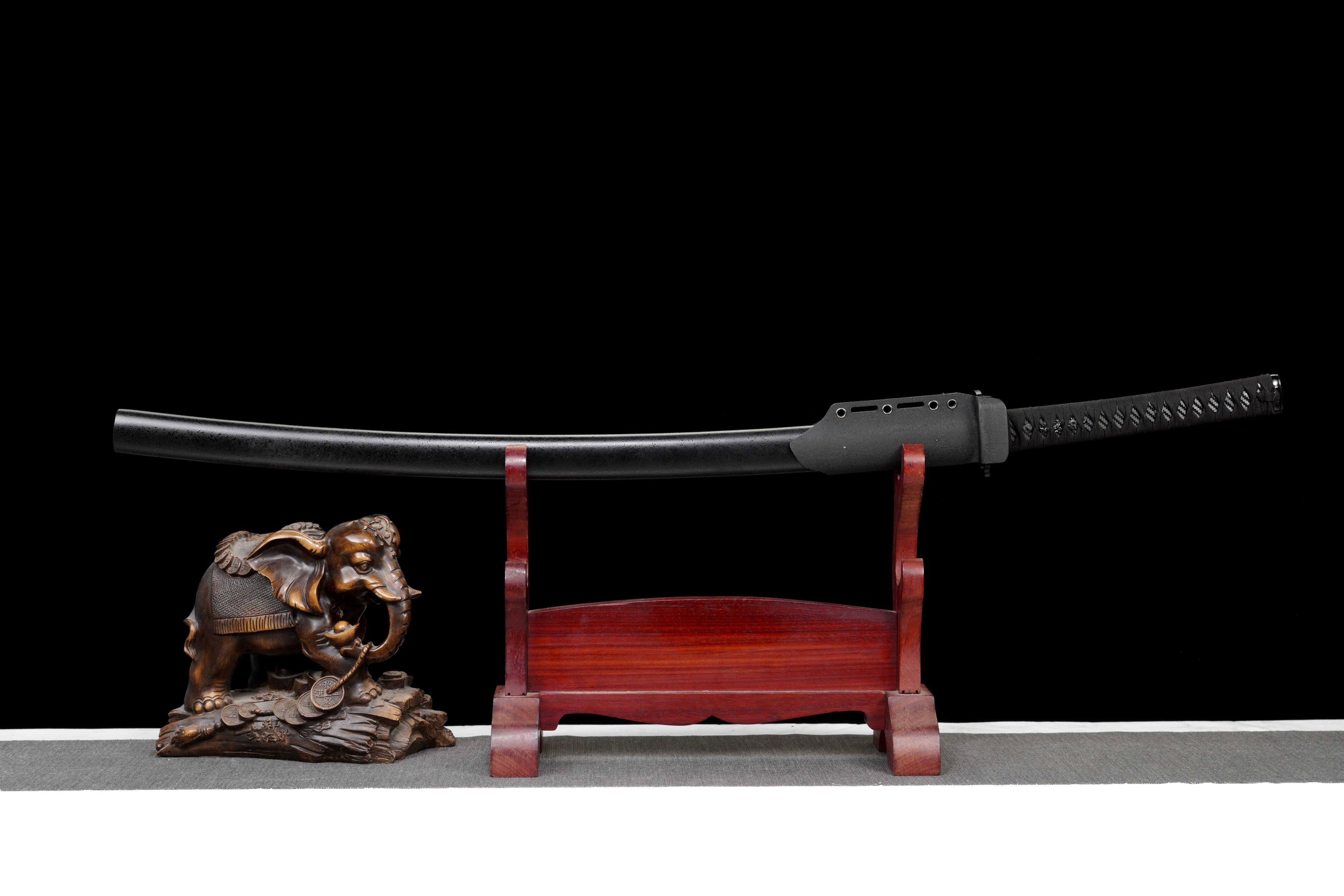 Tactical Katana with Titanium Coated Carbon Steel Blade - Anti-Rust & Scratch Resistant, Suede Wrap Handle, Wood & Kydex Sheath Combo